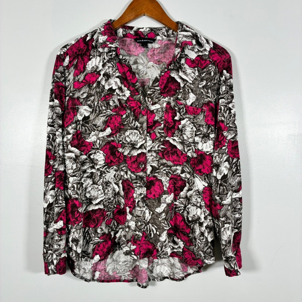 Rock & Republic Button Up L Pink Black Floral High Low Roll Tab Edgy Grunge Chic